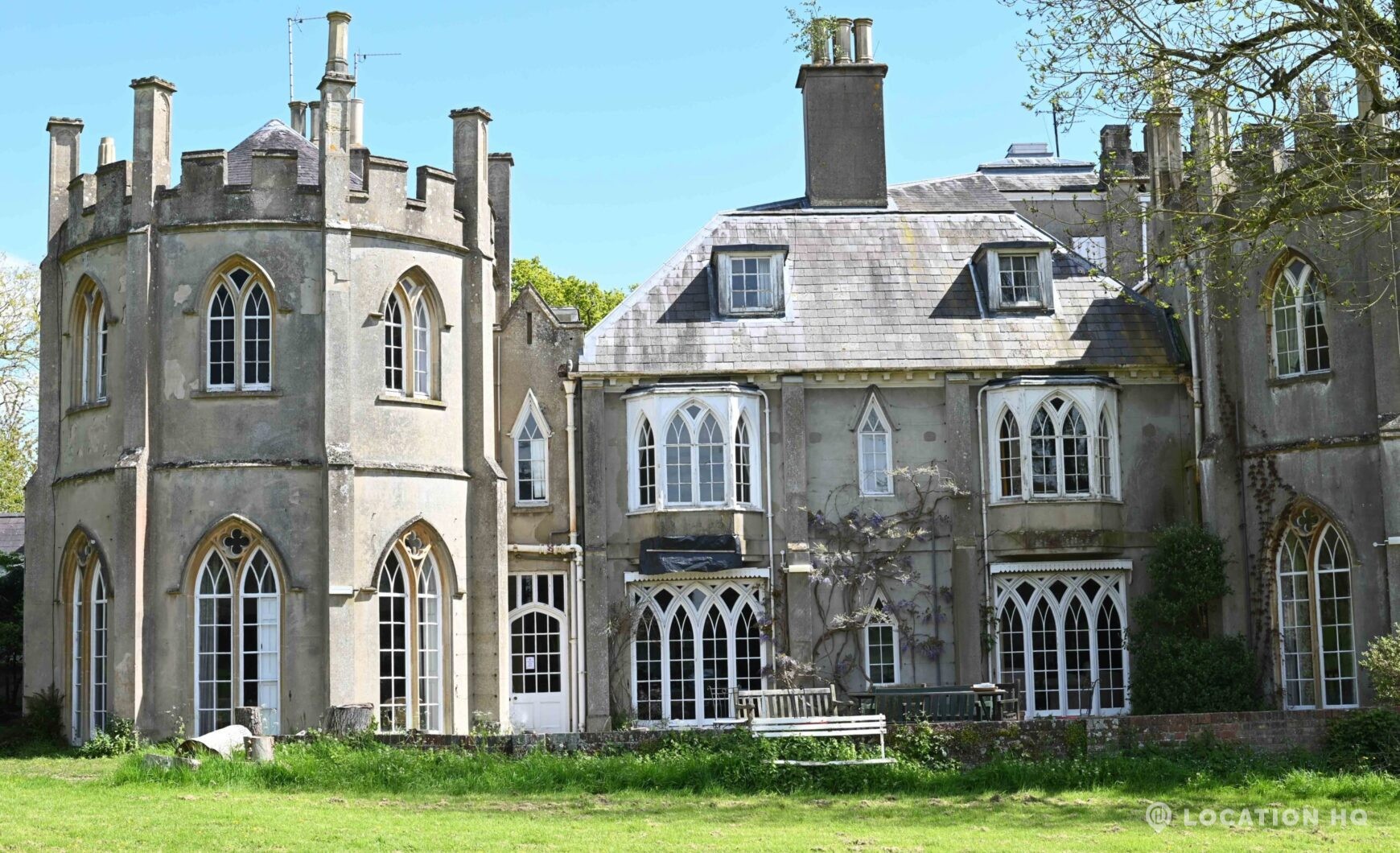 Georgian Gothic country house facade with symmetrical architecture