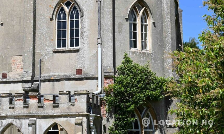 Georgian Gothic country house facade with symmetrical architecture