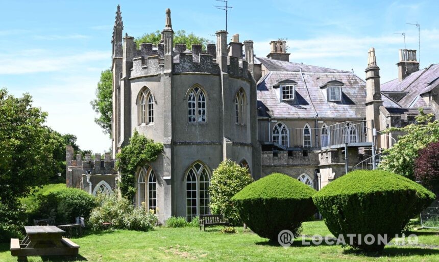 Georgian Gothic country house facade with symmetrical architecture