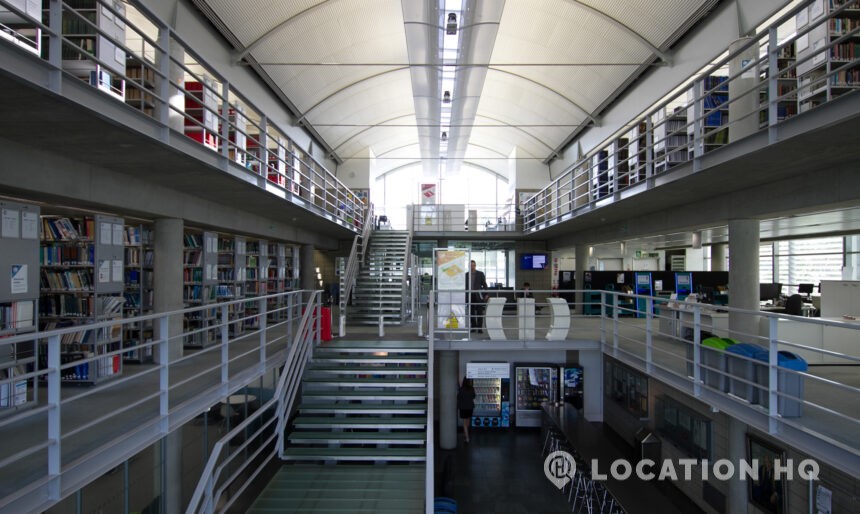 modern library with mezzanine