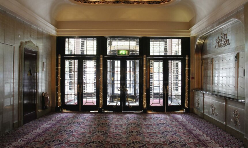 Art Deco ballroom hotel lobby filming empty disused vacant