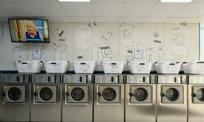 Laundrette and dry cleaners. American style laundromat.
