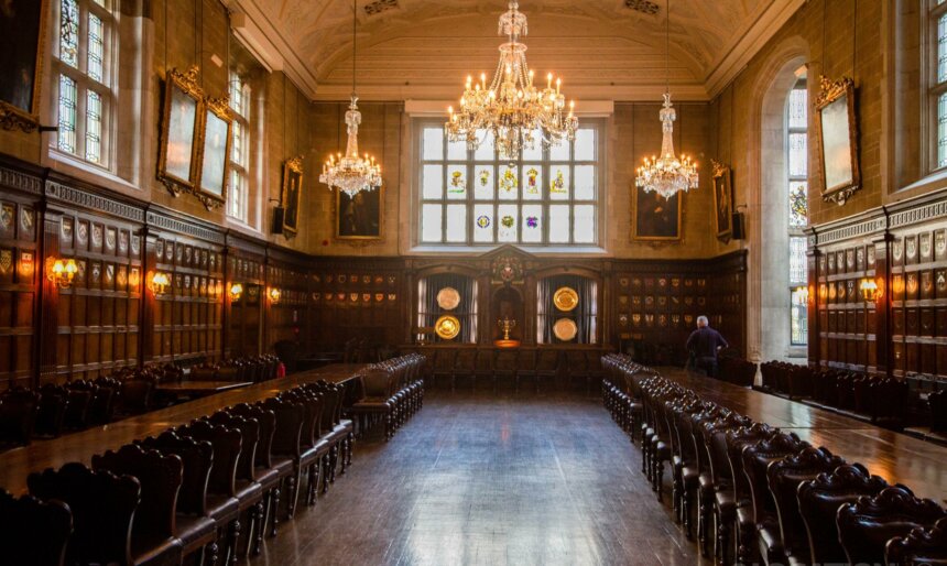 imber-lined luncheon room for filming