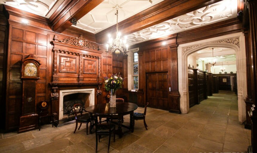 wood panelled lobby film location