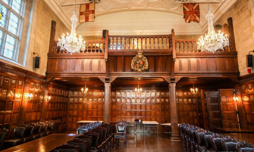 teak wood panel room court room for filming
