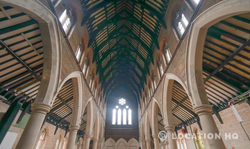 vaulted ceilings, stained glass windows