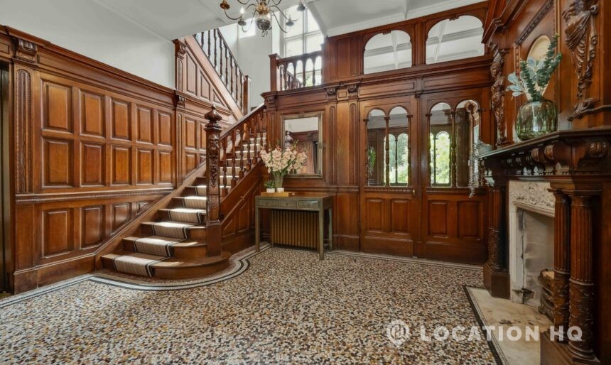 grand wooden staircase for filming